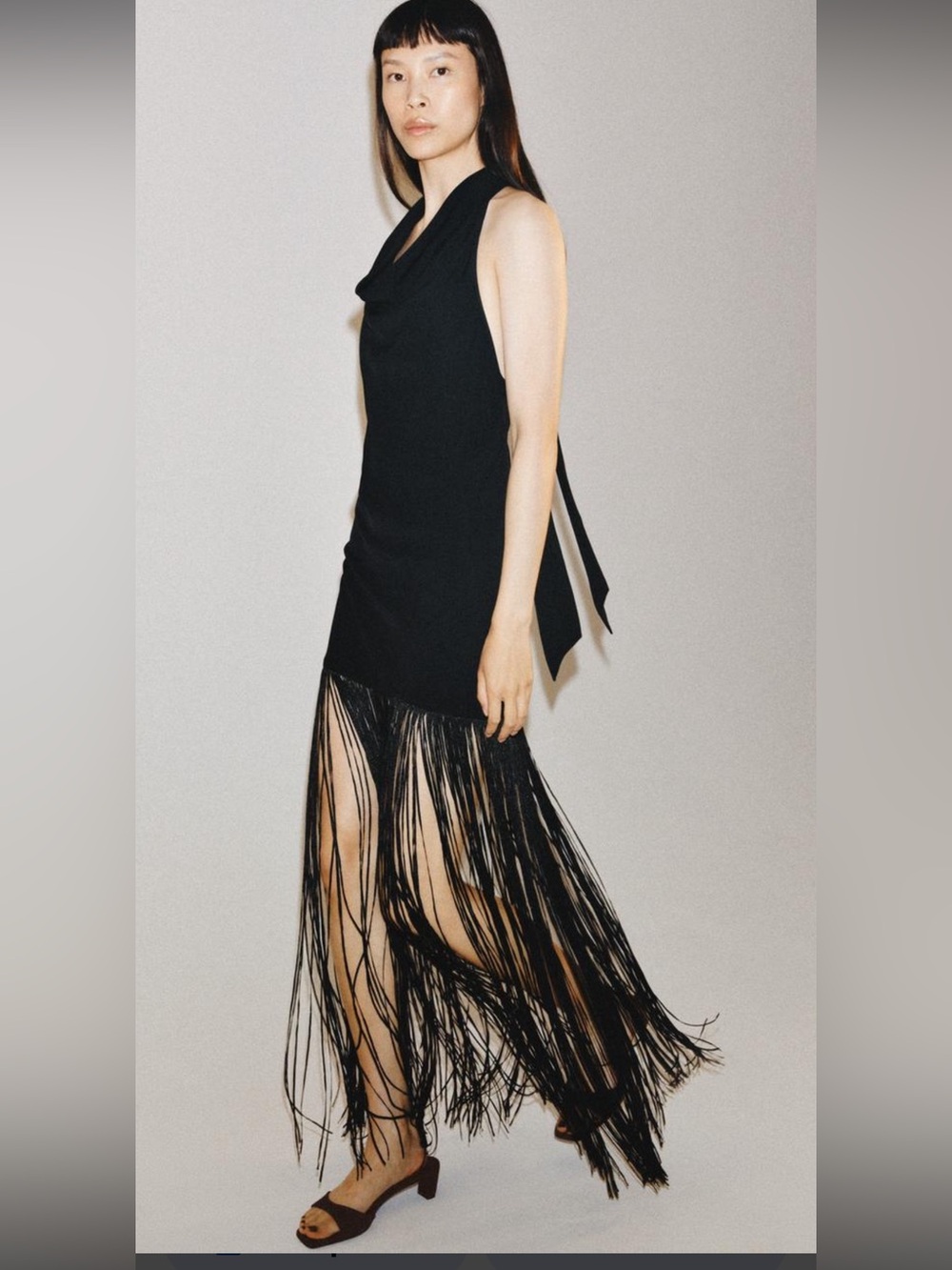 Zara Black Sleeveless Fringe Maxi Dress